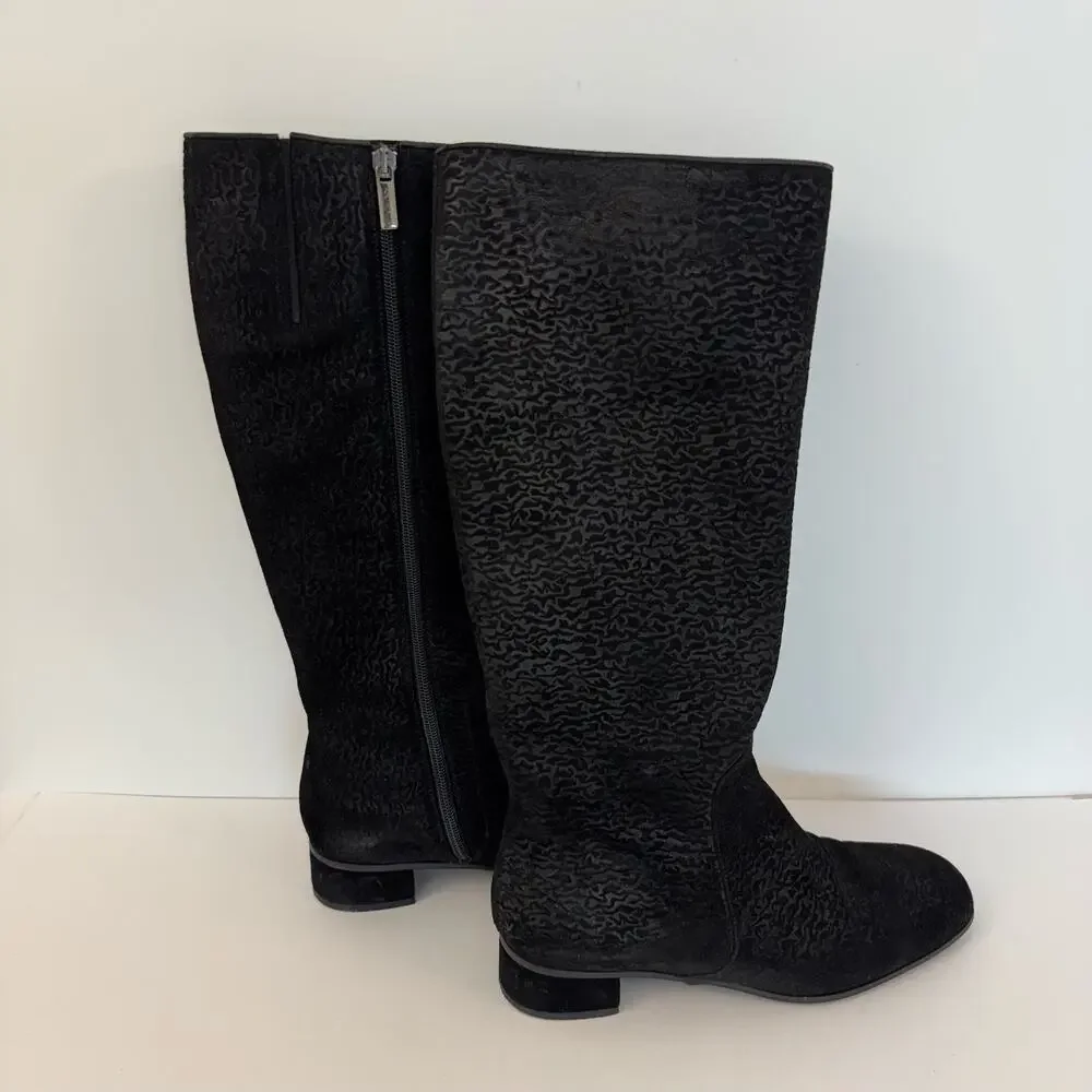 Aquatalia Weatherproof Tall Boots Black Suede Animal Print Block Heel Size 8.5